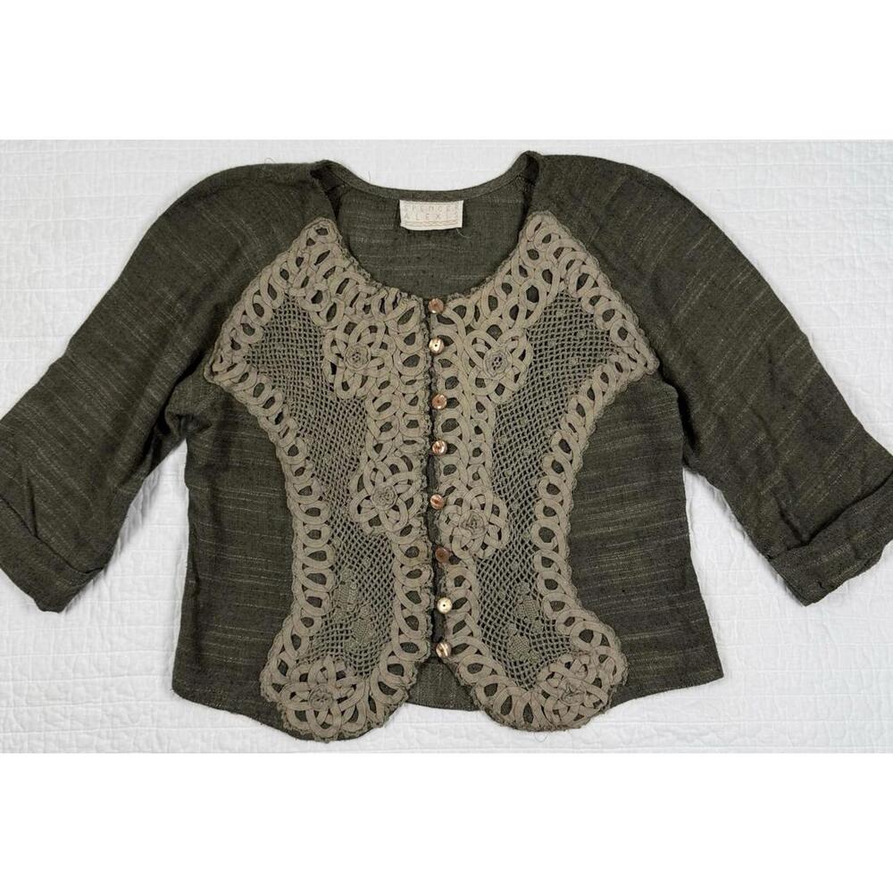Vintage Spencer Alexis Blouse Crochet Lagenlook Sz6 Lace Boho Olive Green